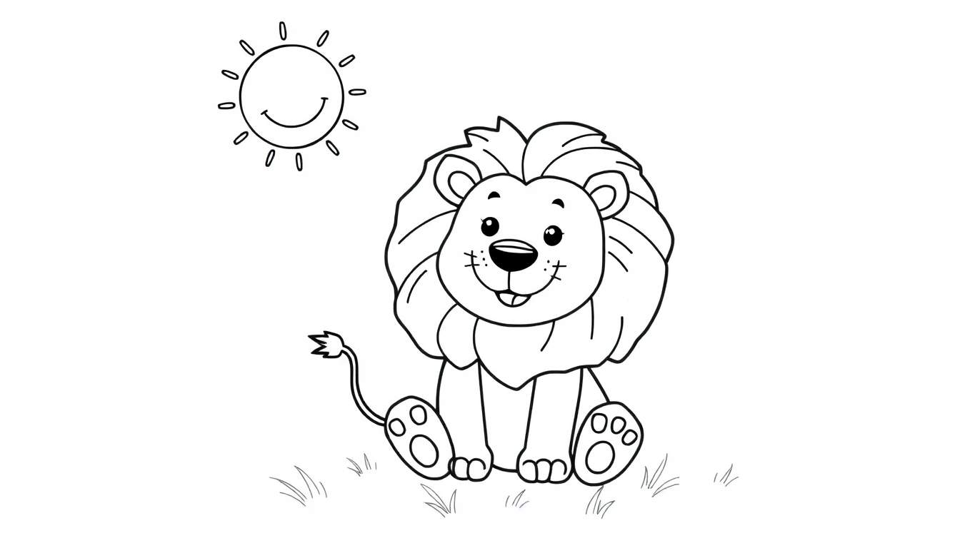 Placa de color de un león amigable bajo un sol sonriente.