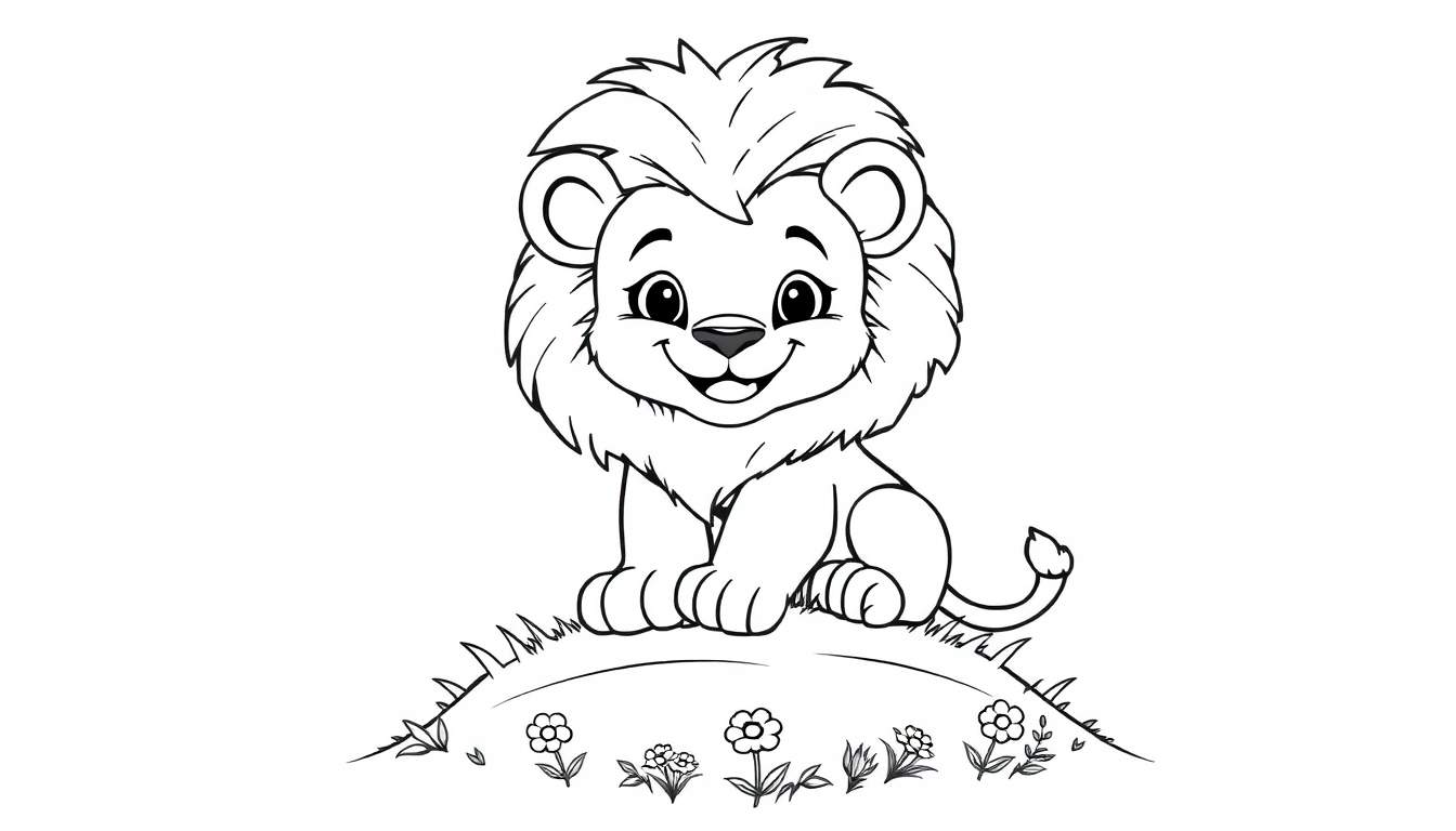 Placa de color de un león de dibujos animados amigable sentado sobre una colina con flores.