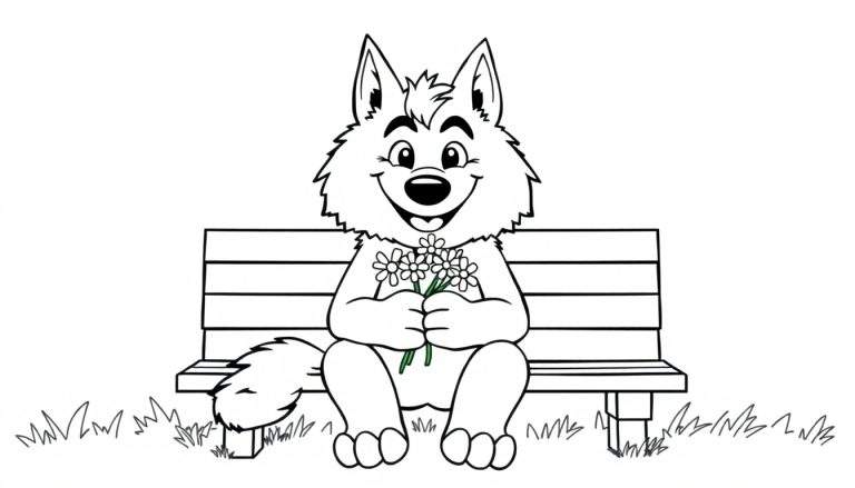Un lobo de dibujos animados sentado en un banco de césped, sonriendo y con flores, listo para colorear en esta placa de color.