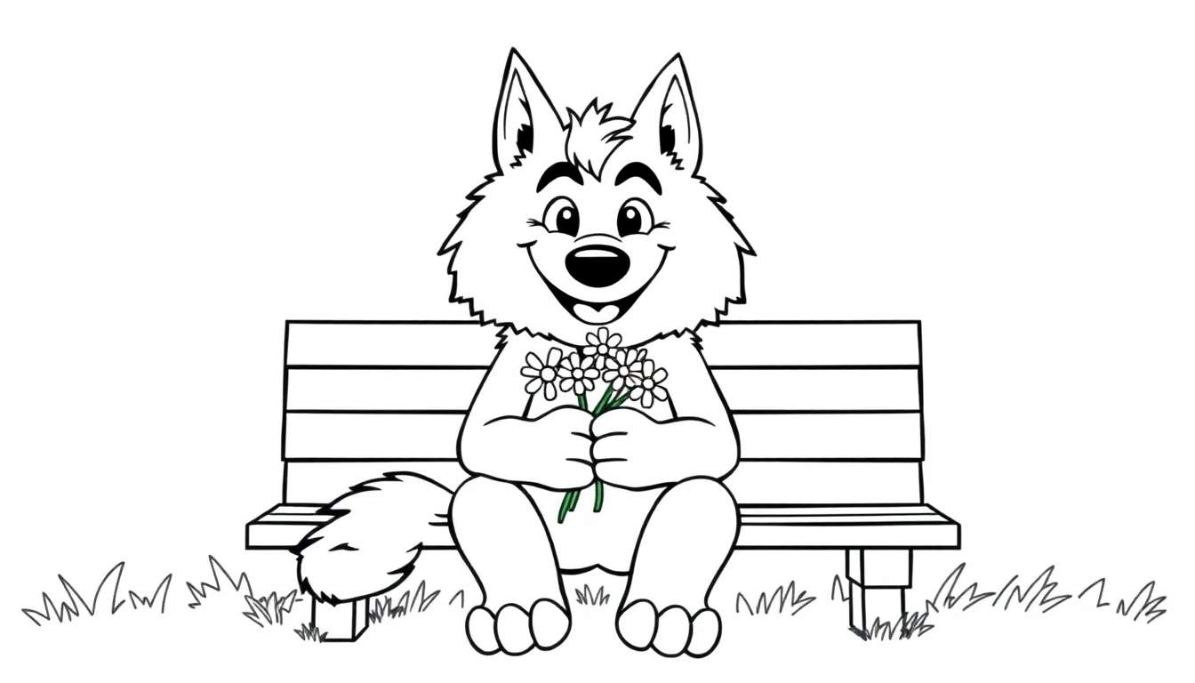 Un lobo de dibujos animados sentado en un banco de césped, sonriendo y con flores, listo para colorear en esta placa de color.