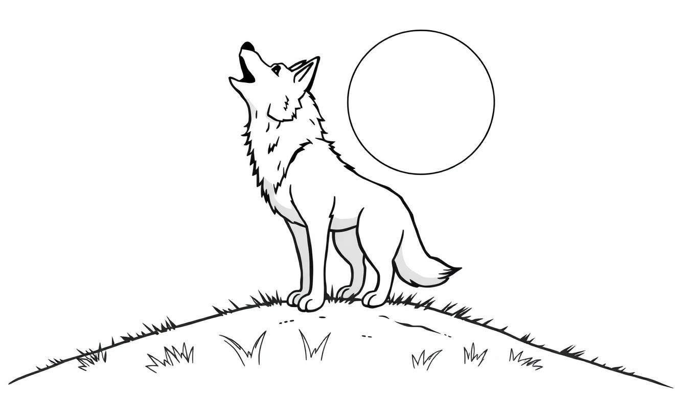 Un lobo aullando a la luna, listo para colorear, placa de color