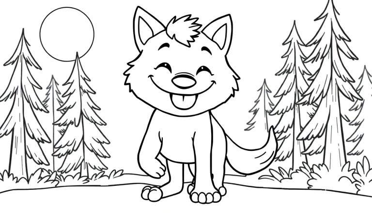 Placa de color de un lobo sonriente de dibujos animados en un bosque.