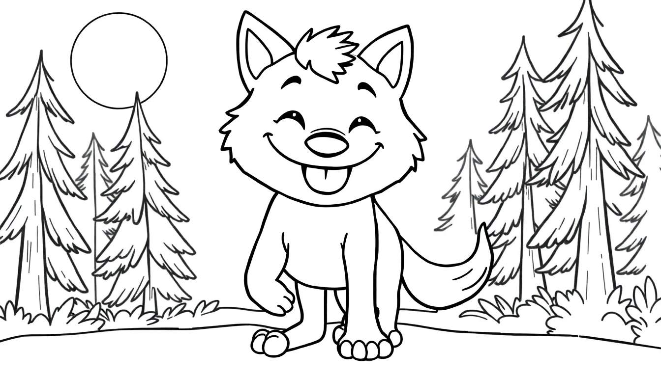 Placa de color de un lobo sonriente de dibujos animados en un bosque.