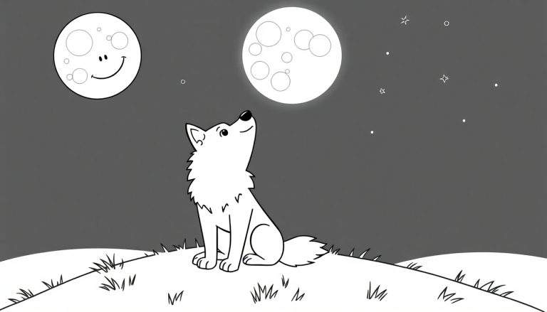 Placa de color de un lobo amigable sentado en una colina bajo la luna.