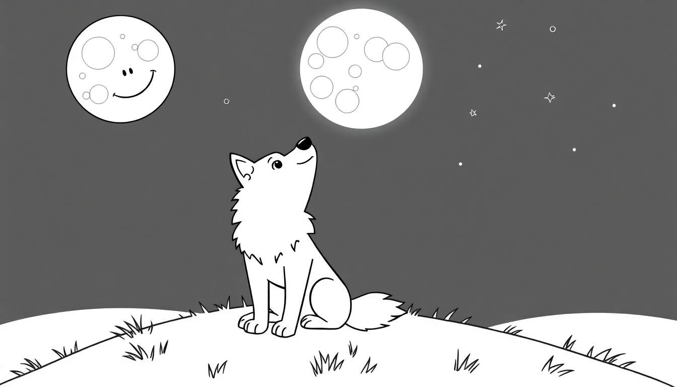 Placa de color de un lobo amigable sentado en una colina bajo la luna.