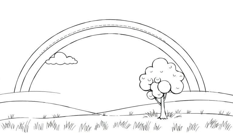 Placa de color: Un paisaje con un arcoíris y un árbol.