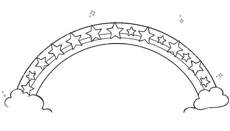 Placa de color con un arcoíris sonriente y estrellas.