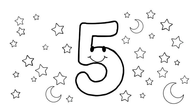 Una placa de color de un número 5 con cara sonriente, rodeado de estrellas y lunas.