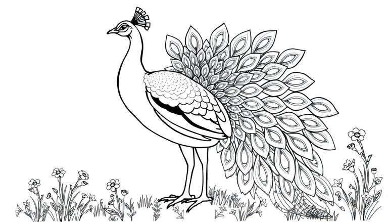 Placa de color de un pavo real en blanco y negro.