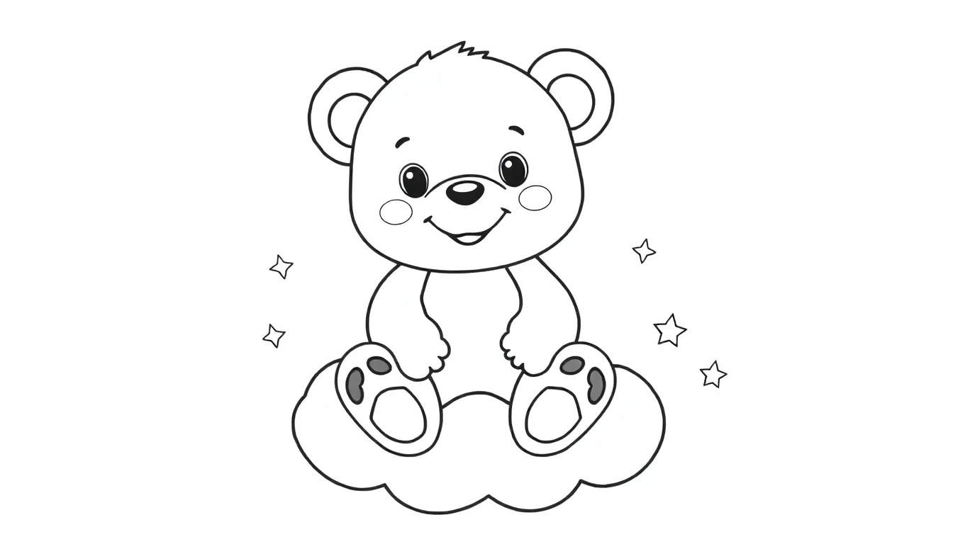 Placa de color de un oso de peluche tierno sentado en una nube con estrellas.