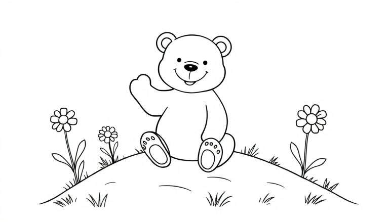 Placa de color de un oso de peluche sonriente saludando sobre una colina.