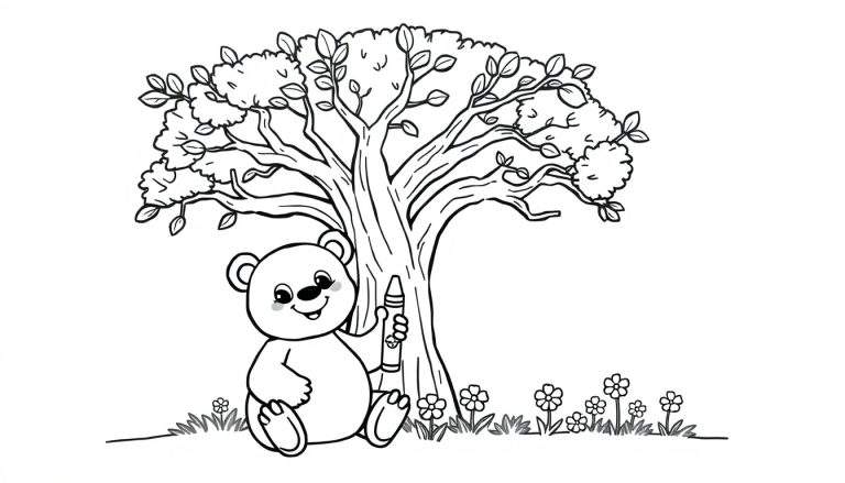 Un oso tierno coloreando un árbol con un lápiz de colores en una placa de color.