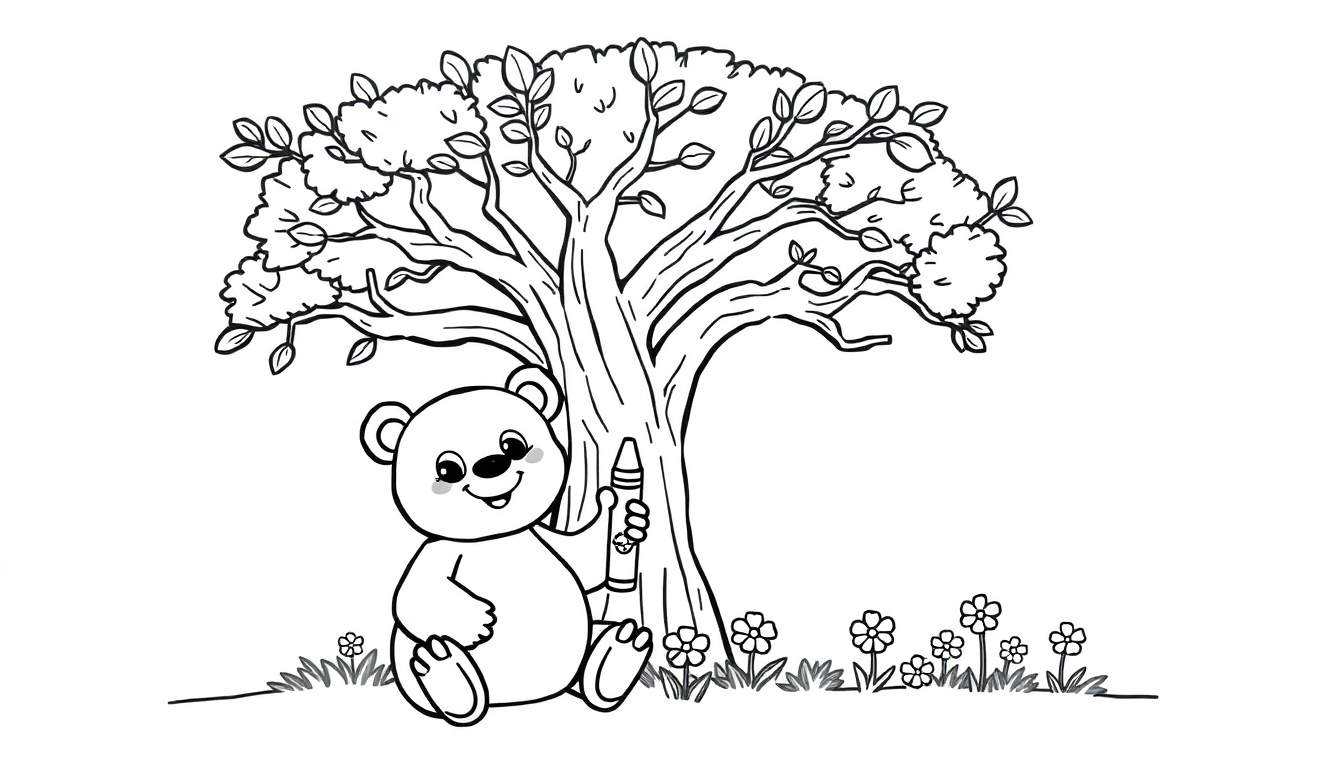 Un oso tierno coloreando un árbol con un lápiz de colores en una placa de color.