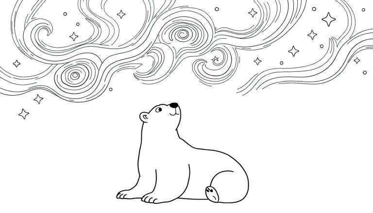 Oso polar sentado mirando las estrellas en una placa de color.
