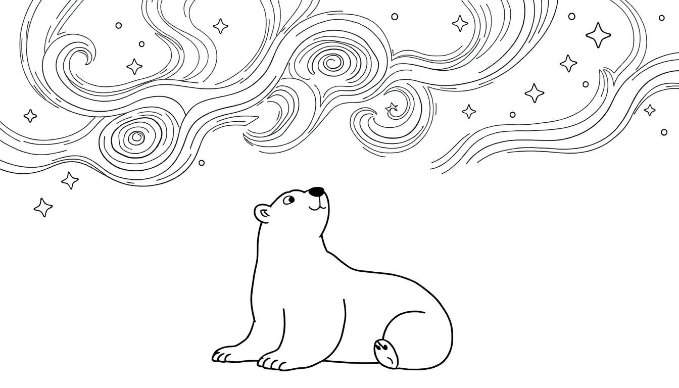 Oso polar sentado mirando las estrellas en una placa de color.