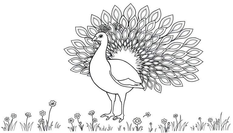 Placa de color de un pavo real con cola desplegada en un campo de flores.