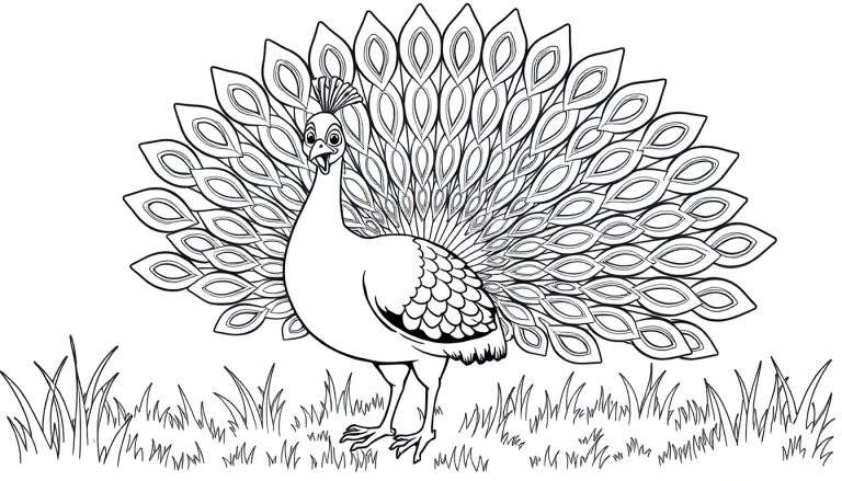 Placa de color de un pavo real con la cola desplegada.