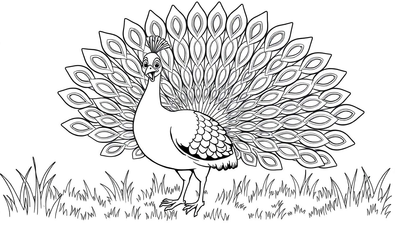 Placa de color de un pavo real con la cola desplegada.