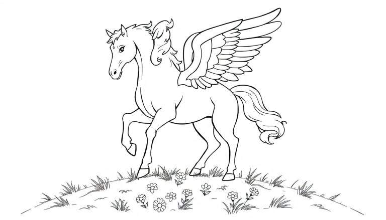 Una placa de color de un Pegaso blanco y negro con alas detalladas y una cola ondulada, parado en una colina cubierta de hierba y flores, con una pata delantera levantada.