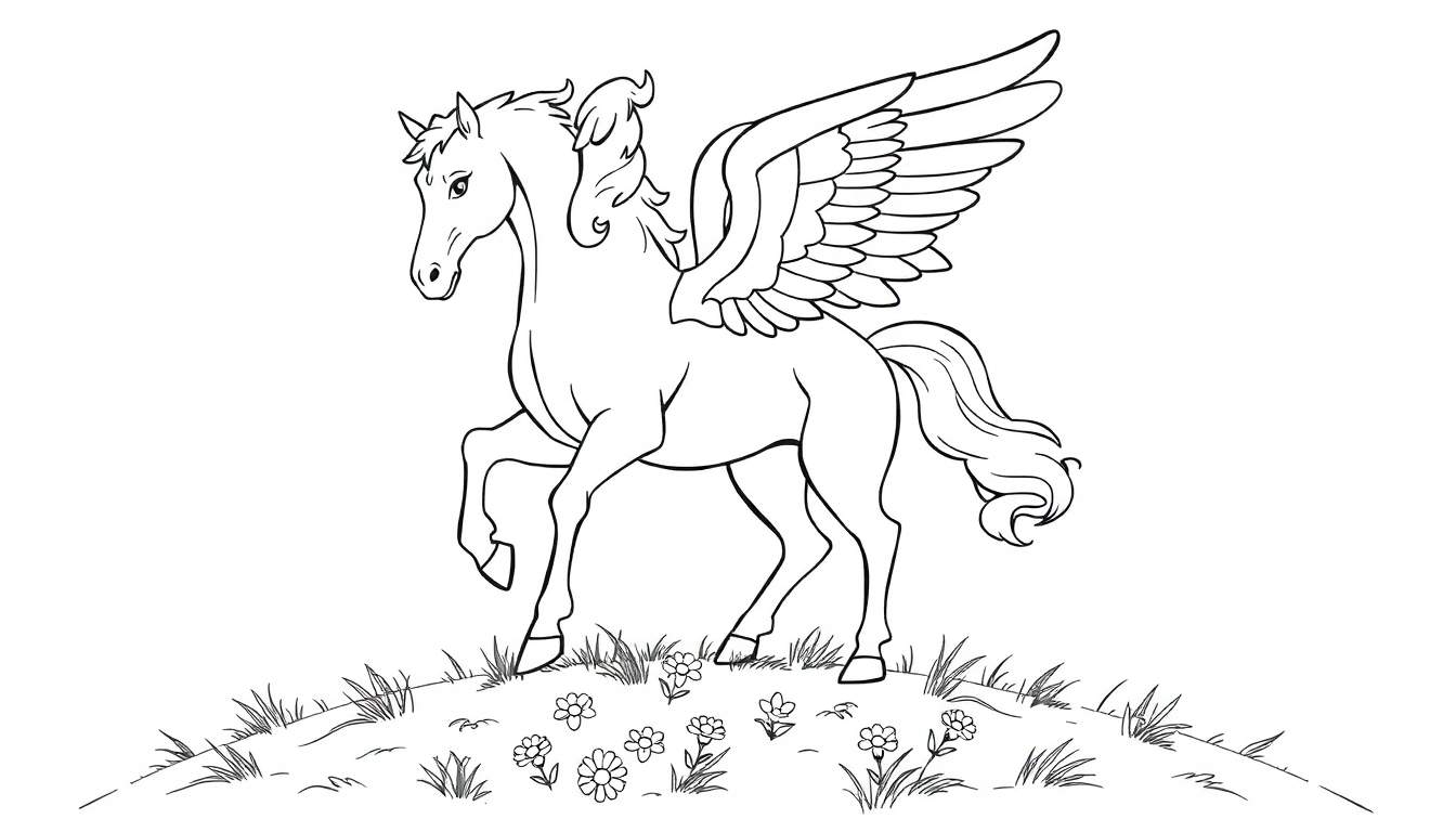 Una placa de color de un Pegaso blanco y negro con alas detalladas y una cola ondulada, parado en una colina cubierta de hierba y flores, con una pata delantera levantada.