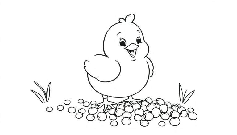 Pollito de dibujos animados en blanco y negro sobre una placa de color con hierba.