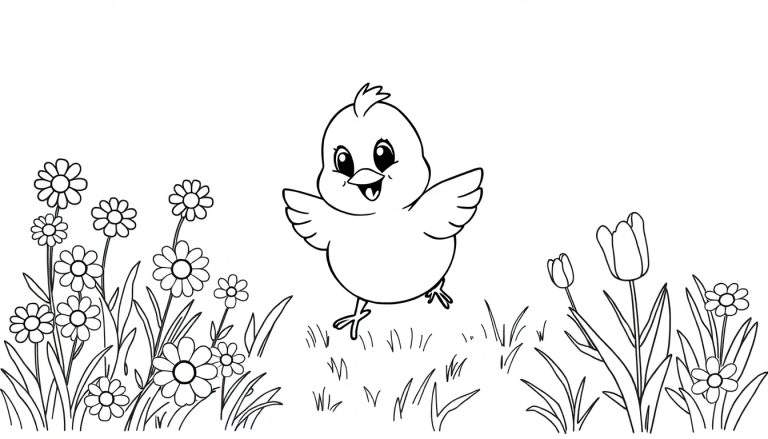 Placa de color de un pollito alegre en un campo de flores.