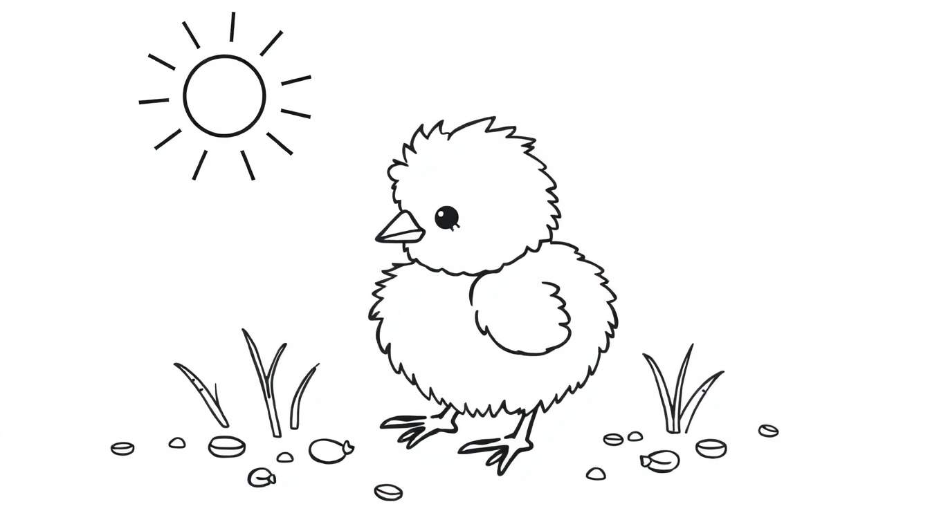 Placa de color de un pollito feliz picoteando en un campo soleado.