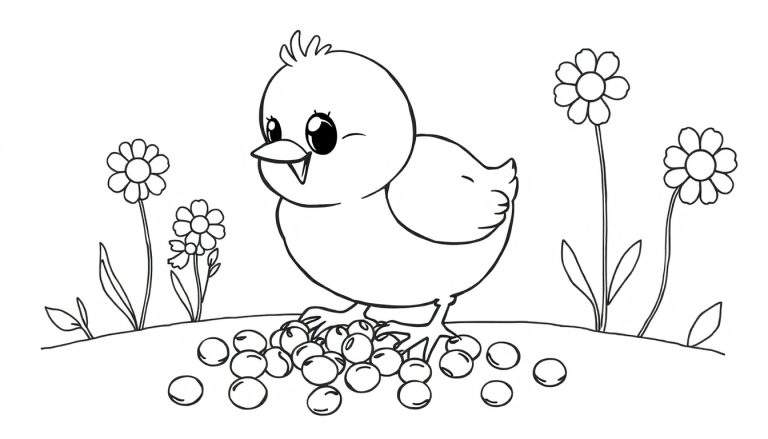 Placa de color de un pollito feliz entre flores y bayas.