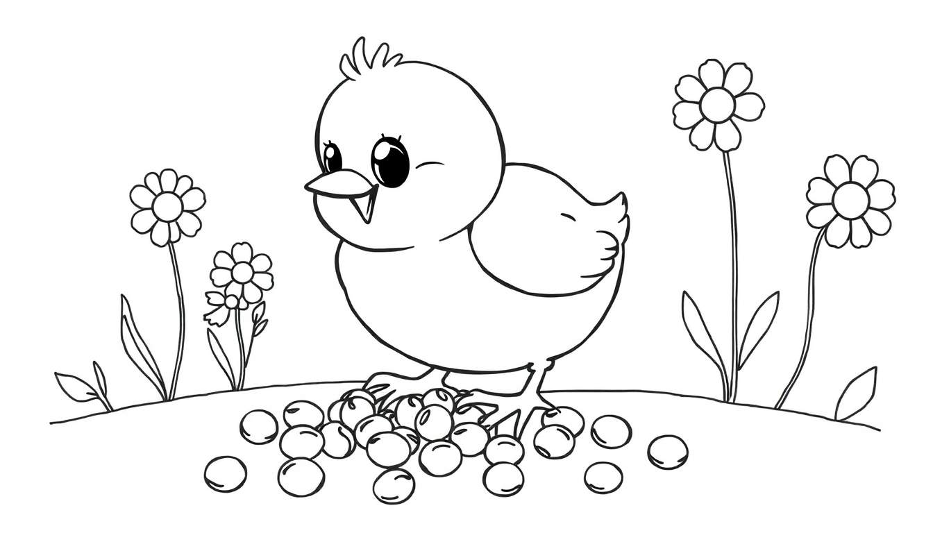 Placa de color de un pollito feliz entre flores y bayas.