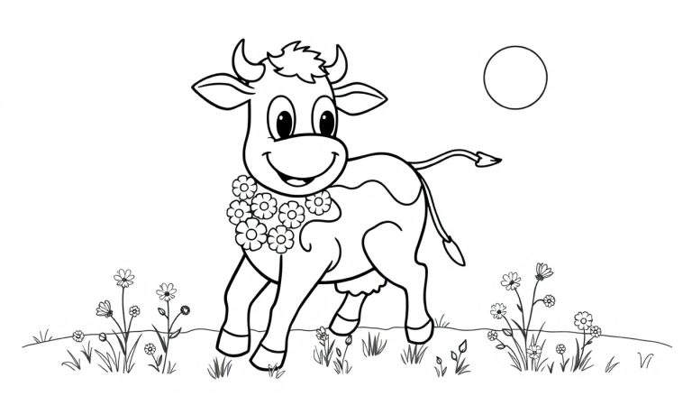 Placa de color: Vaca sonriente con collar de flores en un prado soleado.