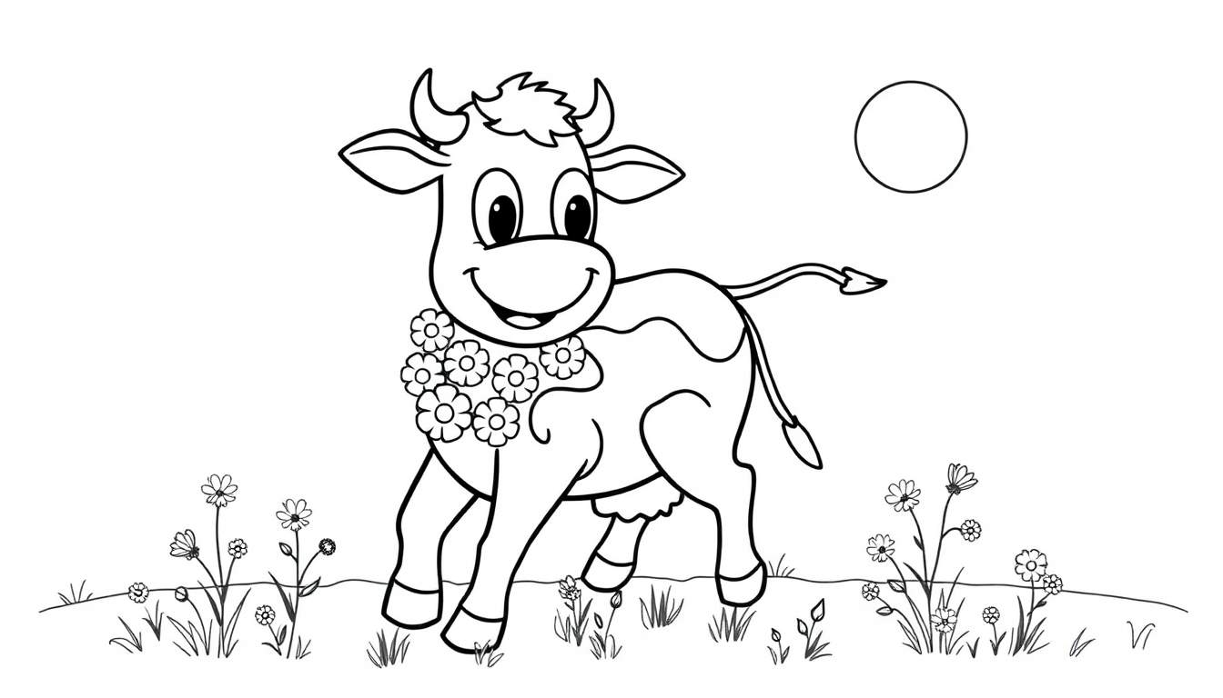 Placa de color: Vaca sonriente con collar de flores en un prado soleado.