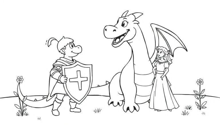 Placa de color: caballero infantil con armadura, dragón amistoso y princesa.