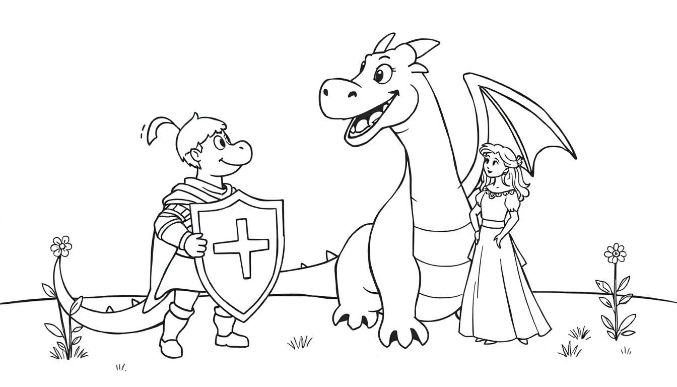 Placa de color: caballero infantil con armadura, dragón amistoso y princesa.