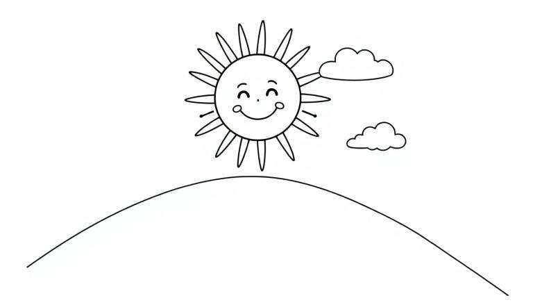 Una placa de color con un sol sonriente en una colina.