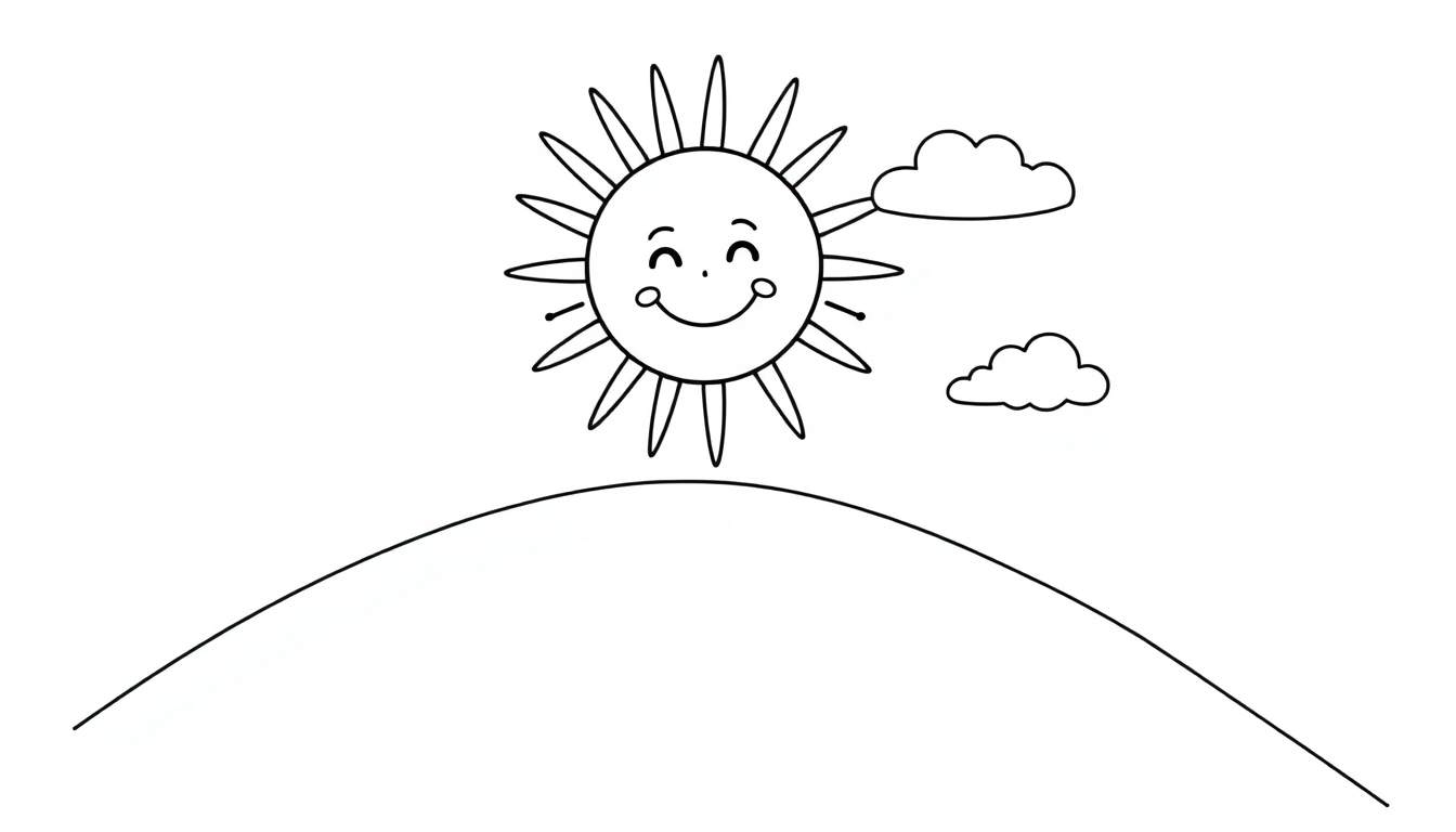 Una placa de color con un sol sonriente en una colina.