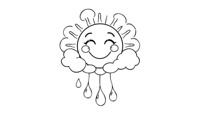 Placa de color de un sol sonriente con nubes y lluvia.