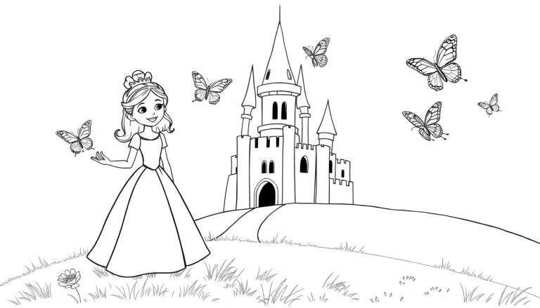 Una princesa sonriente con una corona y un vestido largo, extendiendo una mano hacia una mariposa. Hay más mariposas revoloteando alrededor y un castillo mágico en una colina detrás de ella, todo en un estilo de dibujo lineal de placa de color.