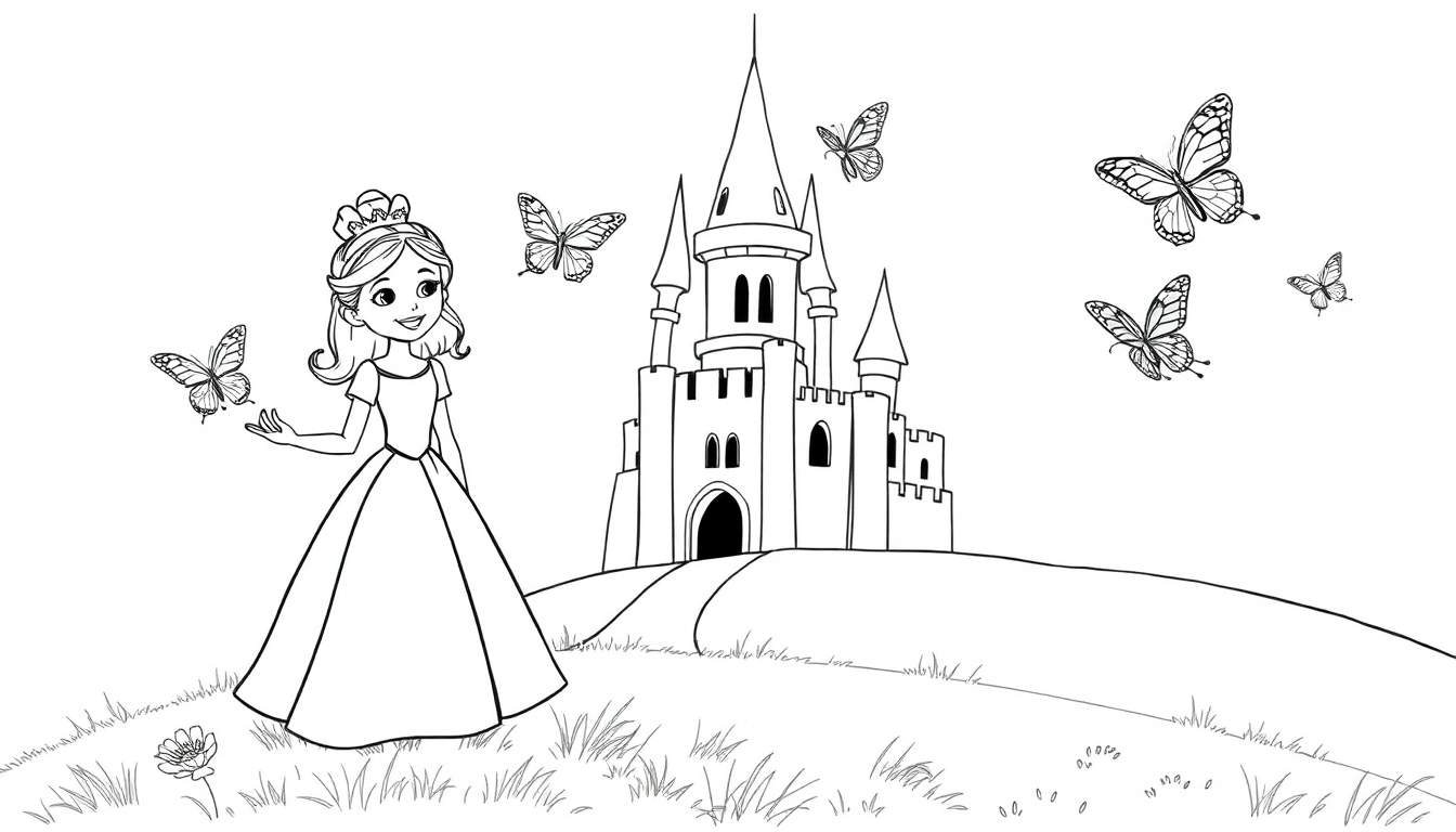 Una princesa sonriente con una corona y un vestido largo, extendiendo una mano hacia una mariposa. Hay más mariposas revoloteando alrededor y un castillo mágico en una colina detrás de ella, todo en un estilo de dibujo lineal de placa de color.