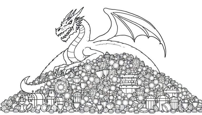 Placa de color de un dragón escamoso, Smaug, sentado sobre un montón de tesoros.