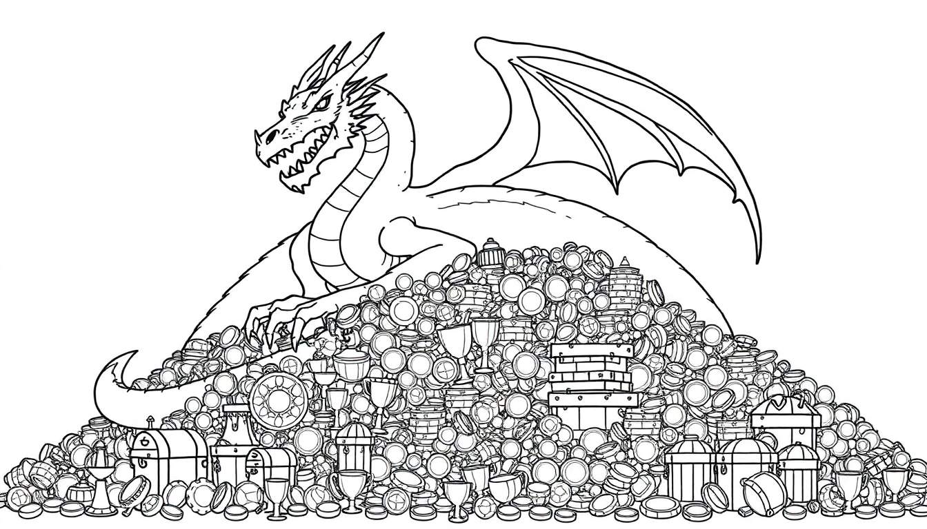 Placa de color de un dragón escamoso, Smaug, sentado sobre un montón de tesoros.