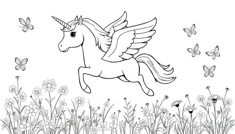 Placa de color de un unicornio con alas volando entre flores.