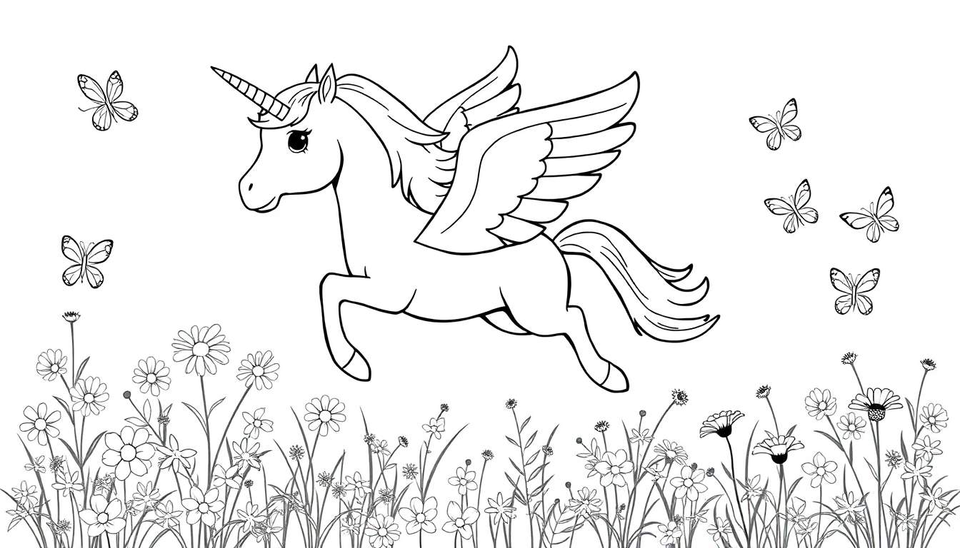 Placa de color de un unicornio con alas volando entre flores.