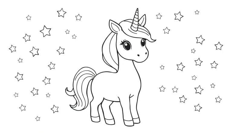 Placa de color de un unicornio con estrellas.