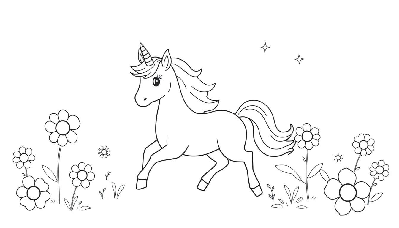 Placa de color de un unicornio corriendo en un campo de flores con estrellas.