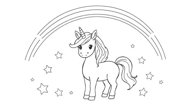 Placa de color en blanco y negro de un unicornio con estrellas y arcoíris.