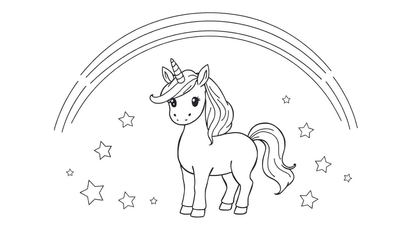 Placa de color en blanco y negro de un unicornio con estrellas y arcoíris.