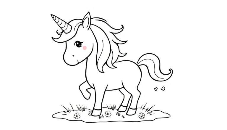 Placa de color de un unicornio mágico con crin flotante y estrella en el cuerno, sobre hierba y flores.