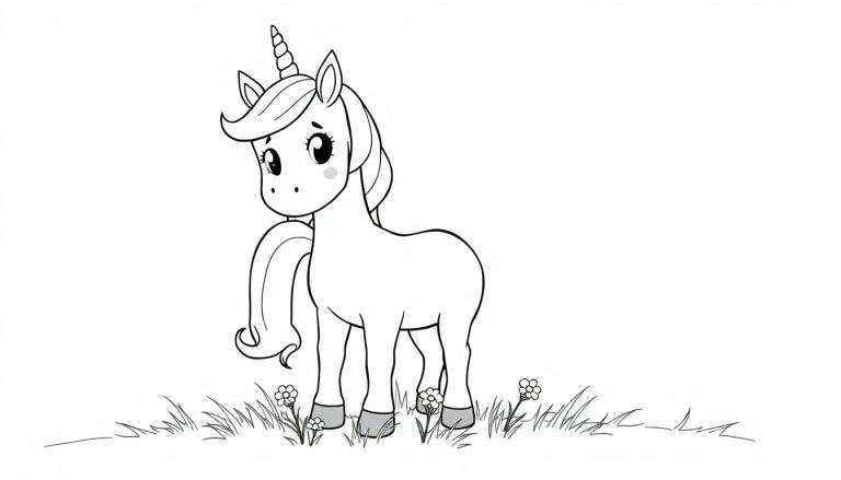 Placa de color de un unicornio de dibujos animados con cuerno, melena larga y ojos brillantes en un prado.