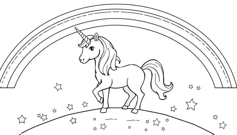 Placa de color de un unicornio mágico con arcoíris y estrellas.