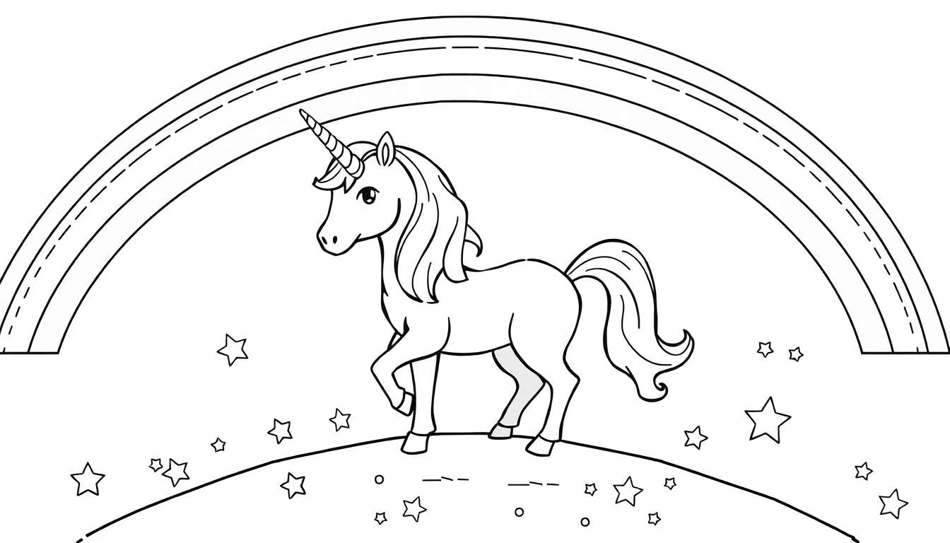 Placa de color de un unicornio mágico con arcoíris y estrellas.